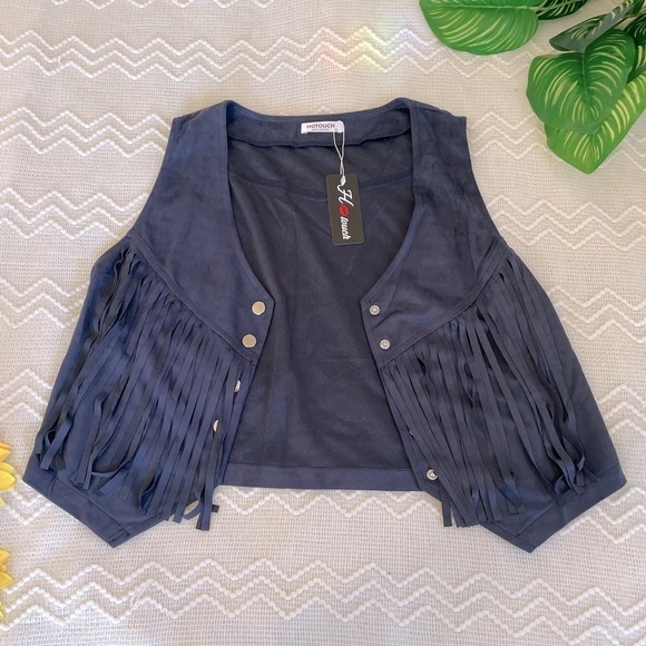 Jackets & Blazers - NWT Fringe Cropped Vest Navy Blue